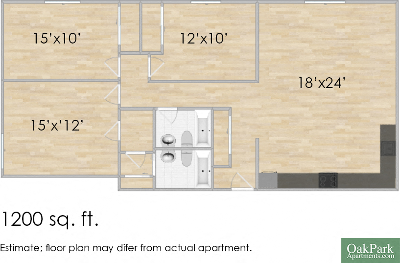 Floor plan for 3 beds, 2 baths, 1350 sqft